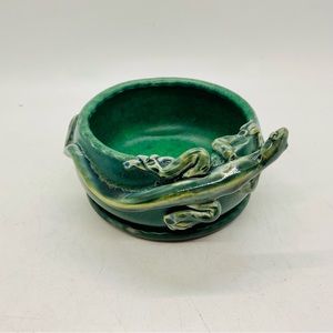 VTG Small Green Planter Pot With Saucer And Applied Lizard On The Top 3.5”x2.5”